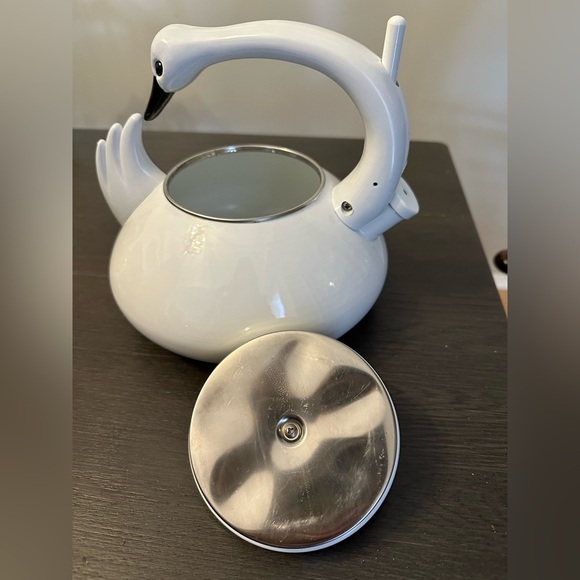 SOLD- Vintage Kamenstein Swan Kettle Whistling Tea Pot White Enamel Stove Top - Picture 8 of 10